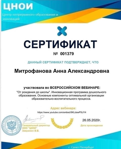 Сертификат участника всероссийского вебинара